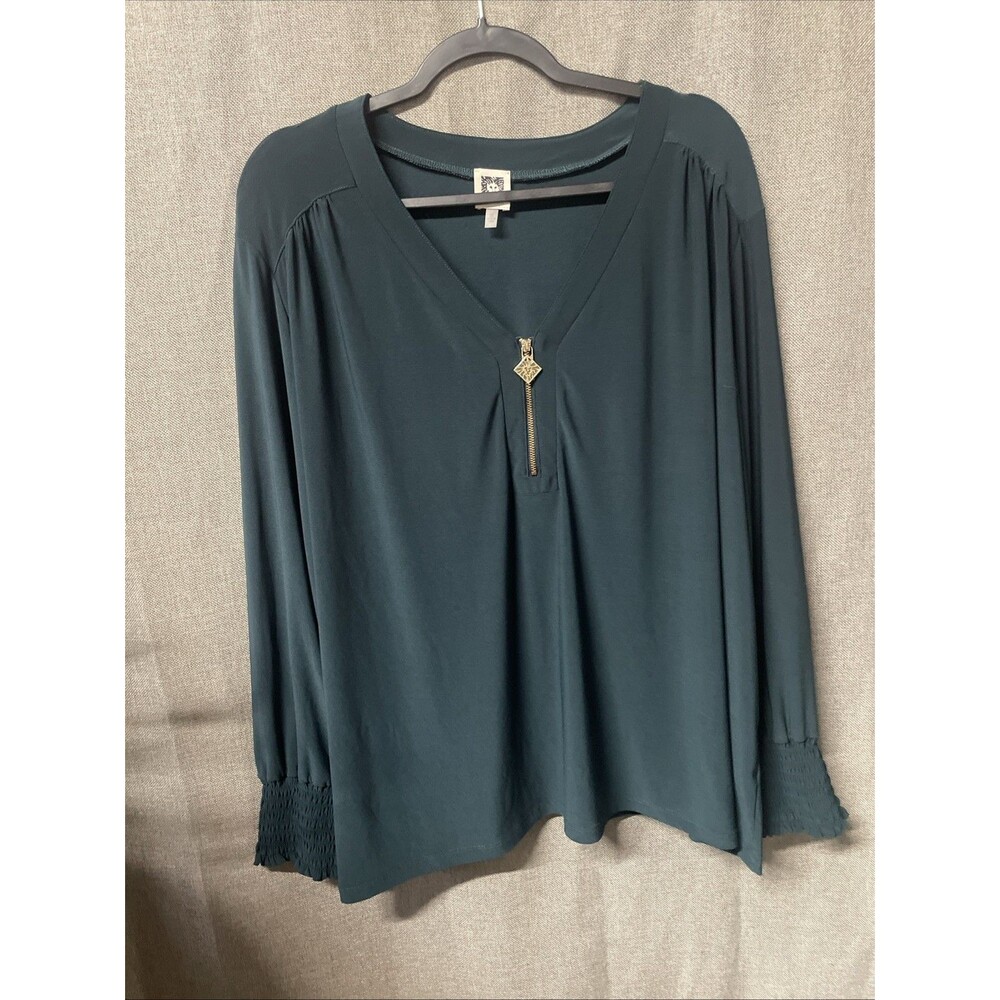 Anne Klein Women's Teal V-Neck Half-Zip Blouse with Shirred Cuffs